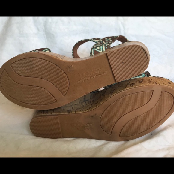 Brown teal fabric faux cork wedge heel sandals - Picture 4 of 8